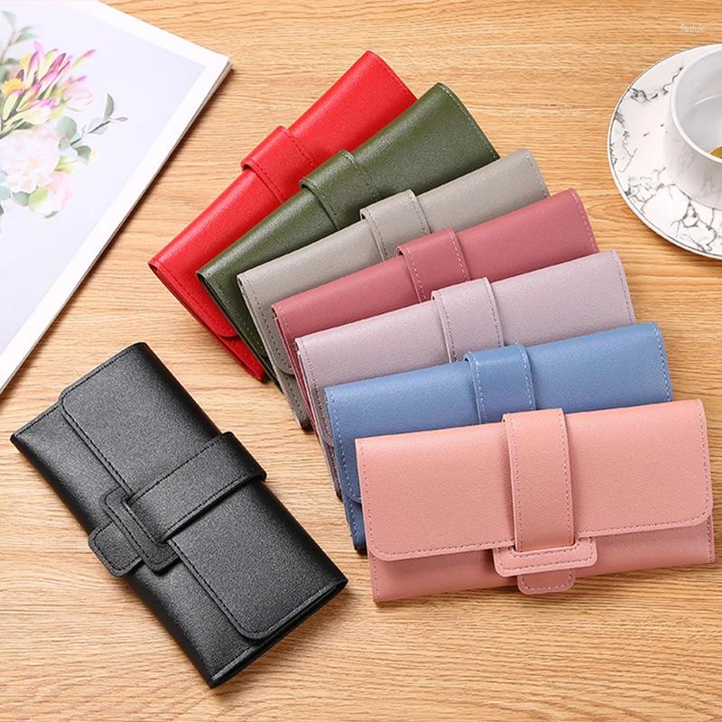 Wallets Multifunctional Snap Button PU Leather Women Long Hasp Fold-over Coin Purses Solid Colors Ladies Thin Clutch Phone Bag