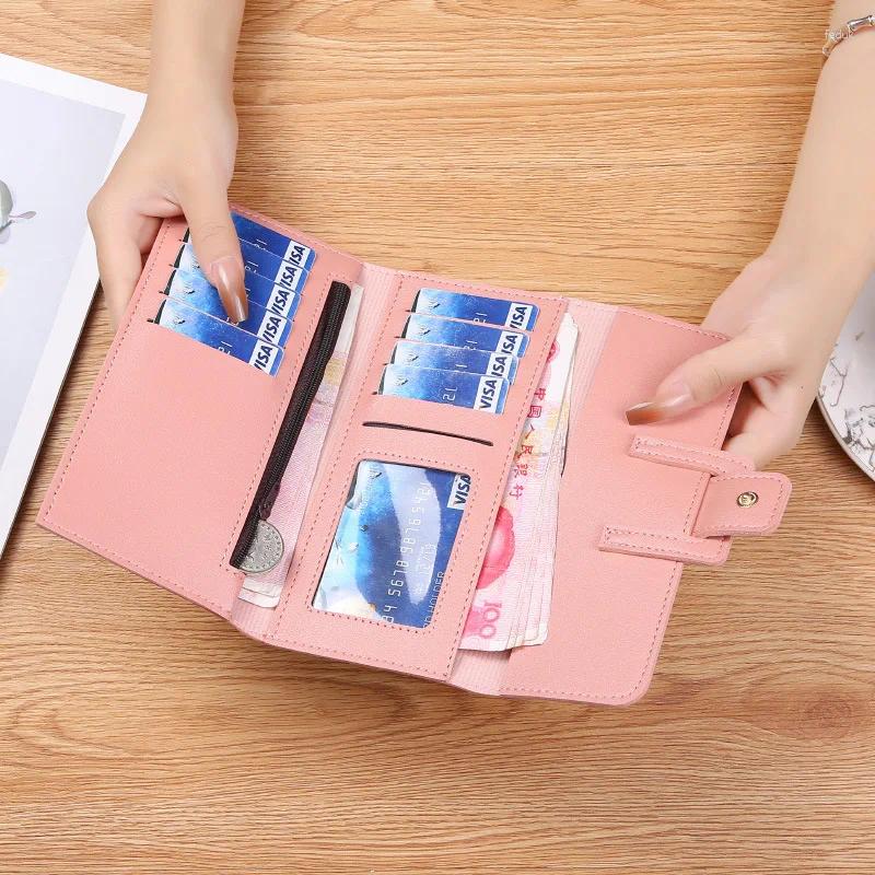 Wallets Multifunctional Snap Button PU Leather Women Long Hasp Fold-over Coin Purses Solid Colors Ladies Thin Clutch Phone Bag