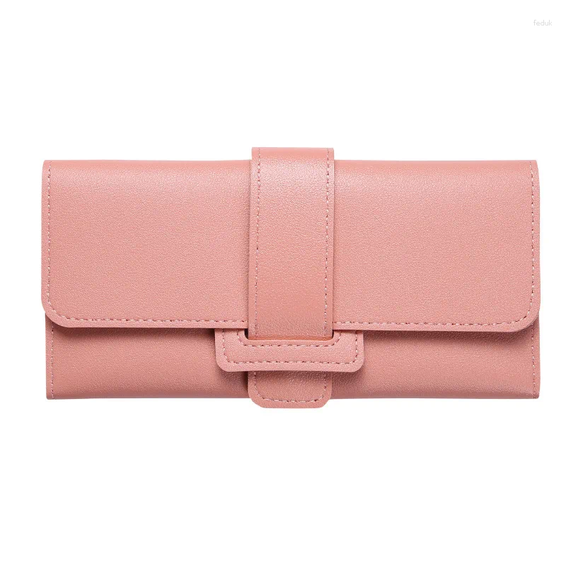 Wallets Multifunctional Snap Button PU Leather Women Long Hasp Fold-over Coin Purses Solid Colors Ladies Thin Clutch Phone Bag