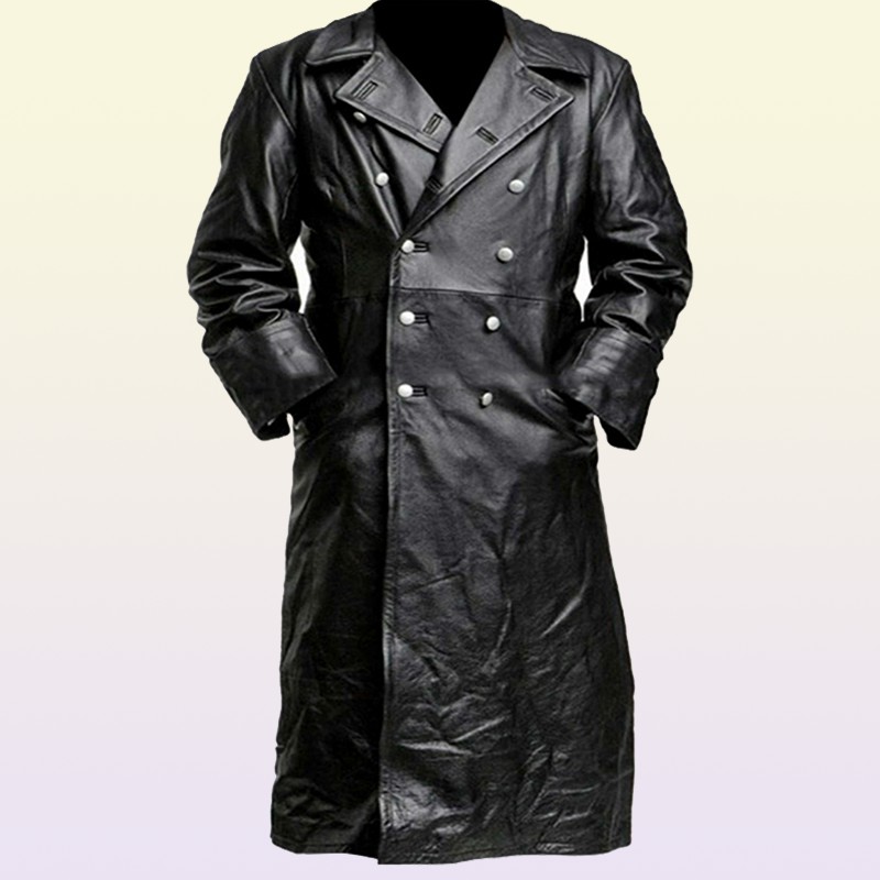 Men's Leather Faux MEN'S GERMAN CLASSIC WW2 UNIFORM OFFICER BLACK REAL LEATHER TRENCH COAT 220922