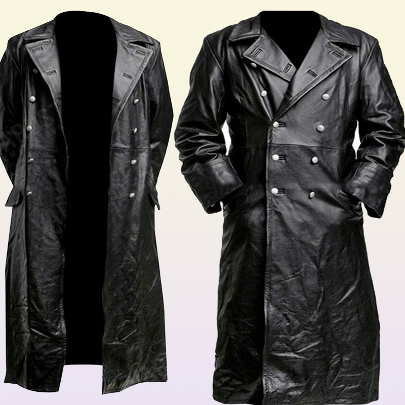 Men's Leather Faux MEN'S GERMAN CLASSIC WW2 UNIFORM OFFICER BLACK REAL LEATHER TRENCH COAT 220922