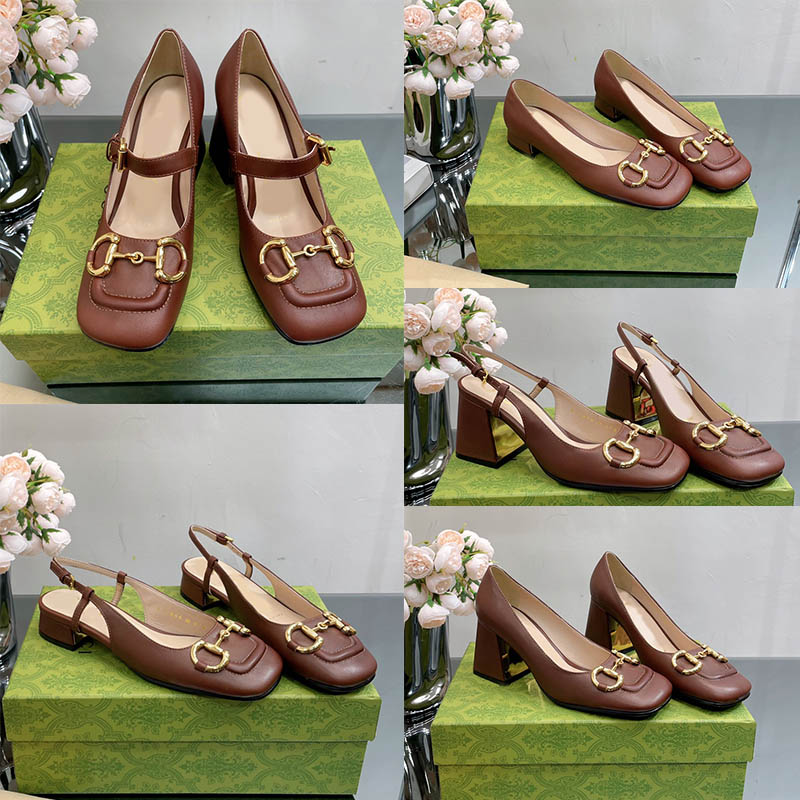 2.5/7.5cm Women's Mid-Heel Pump Brown Designer Slingbacks Pumps Block Heel Slide On Loafers Famous Brand Luxury Shoes Square Toe Classic Hardware Office Dress Shoes