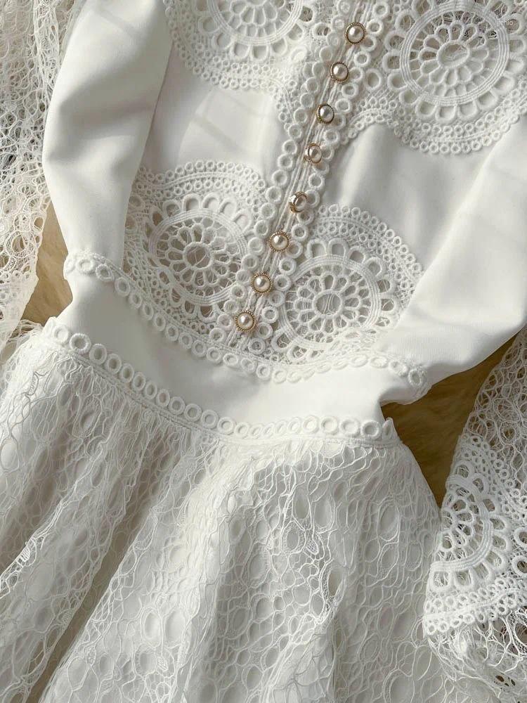 Casual Dresses Vintage Flower Embroidery Hollow Out Lace White Dress Womens Stand Collar Long Lantern Sleeve Pearls Buttons Party Vestidos