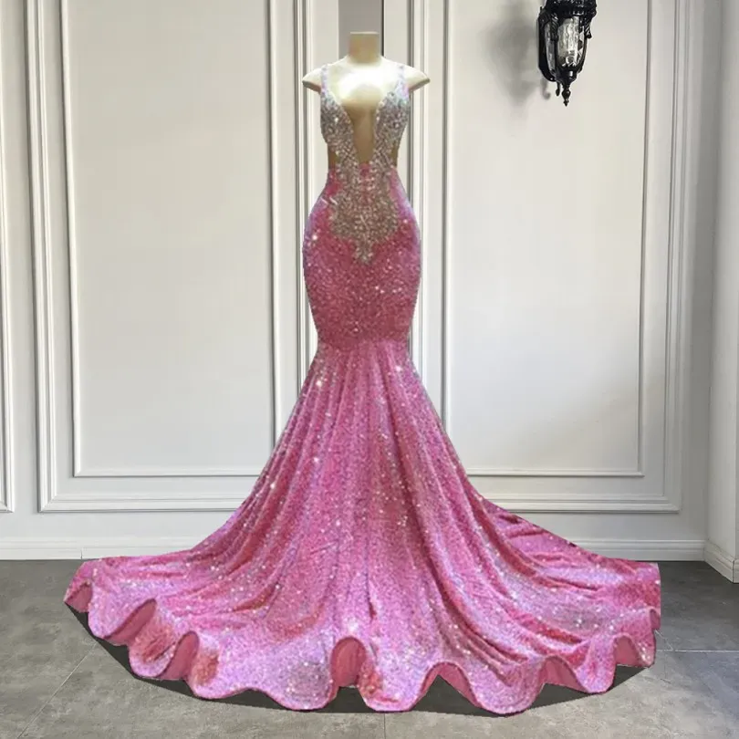 Long 2024 Prom Dresses Sexy Mermaid Sparkly Pink Sequin Black Girls Crystals Evening Formal Gala Party Gowns Robe De Soiree Vestidos