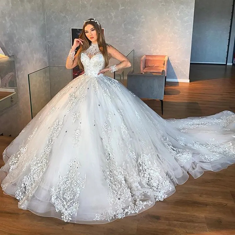 Full Sleeve Wedding Dresses Beading Bridal Gowns Arabic Dubai Princess Robe Mariee Brides Gown Vestido De Noiva 6660312