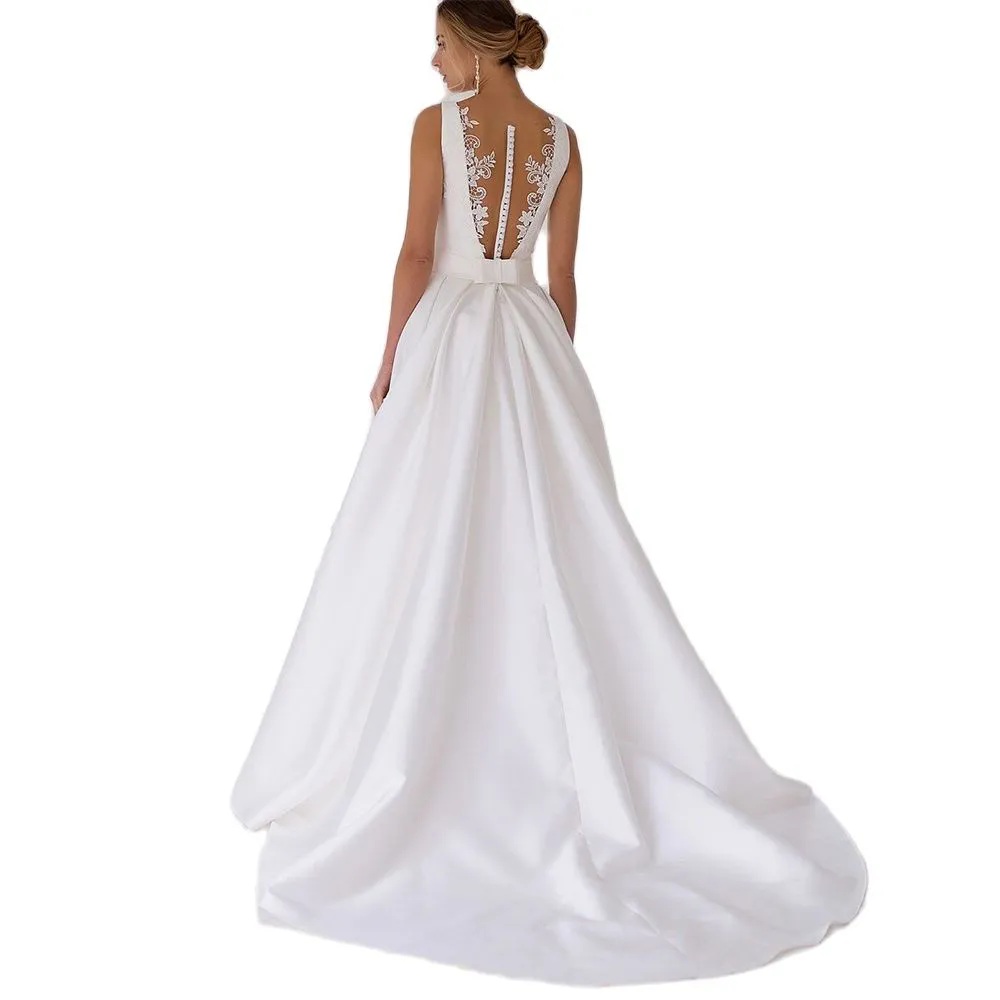 Sleeveless Boat Neck A E Wedding Dresses Button Back Ruched Satin Bridal Gown Bow Tie Belt Garden Mariage