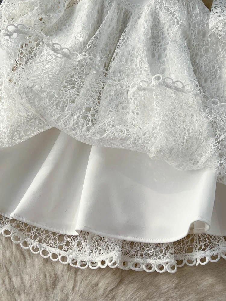 Casual Dresses Vintage Flower Embroidery Hollow Out Lace White Dress Womens Stand Collar Long Lantern Sleeve Pearls Buttons Party Vestidos