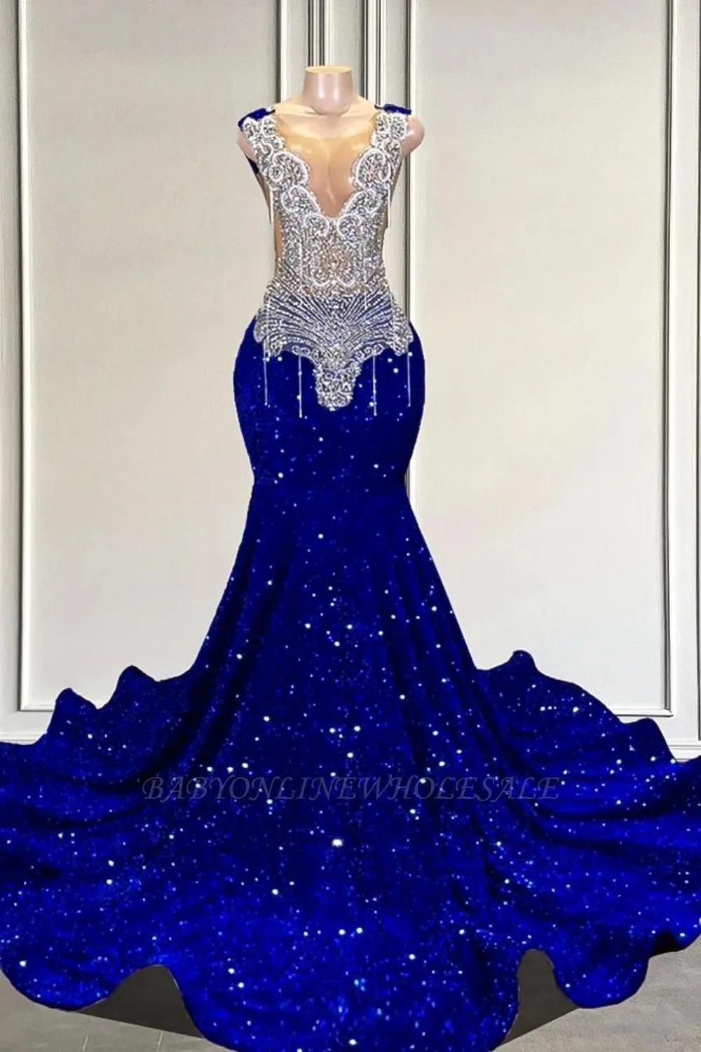 Sexy Royal Blue Mermaid Prom Dresses Bg Sequins Beadings Crystals Sheer Deep V Neck Evening Gowns Formal Vestidos For Black Girls Graduation Party Cus