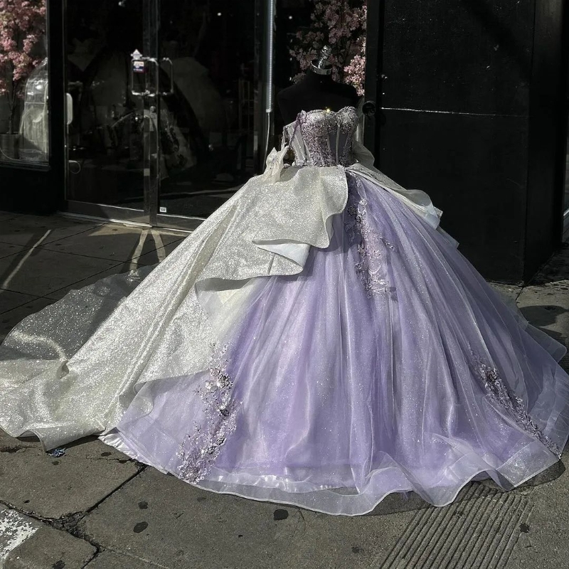Lilac Shiny Quinceanera Dresses Sweetheart Applique Lace Tulle Off the Shoulder Girls Birthday Princess 16 Party Prom Gowns vestidos de 15