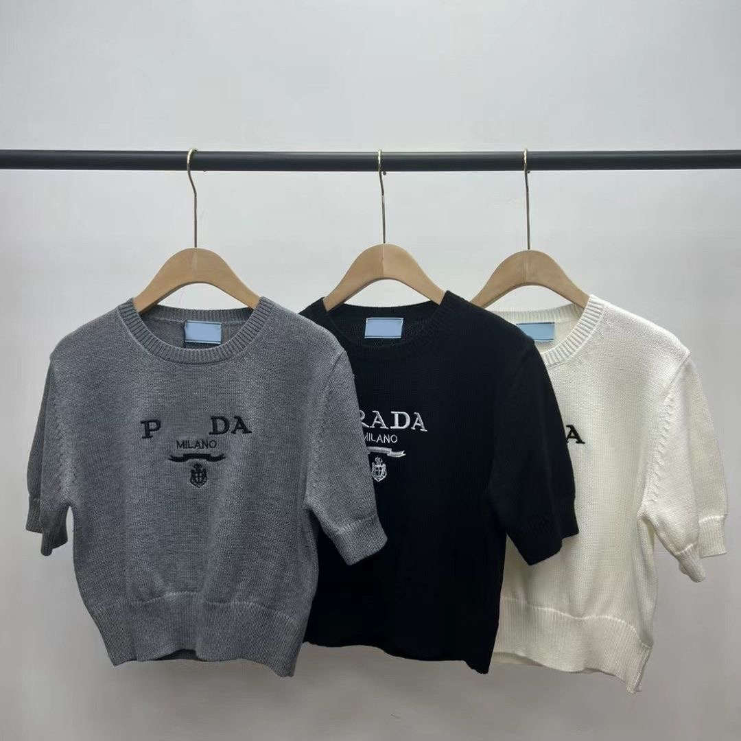 2024 été nouveau femmes T-shirt en laine mélangée brodé col rond haut pull slim de créateur S-L