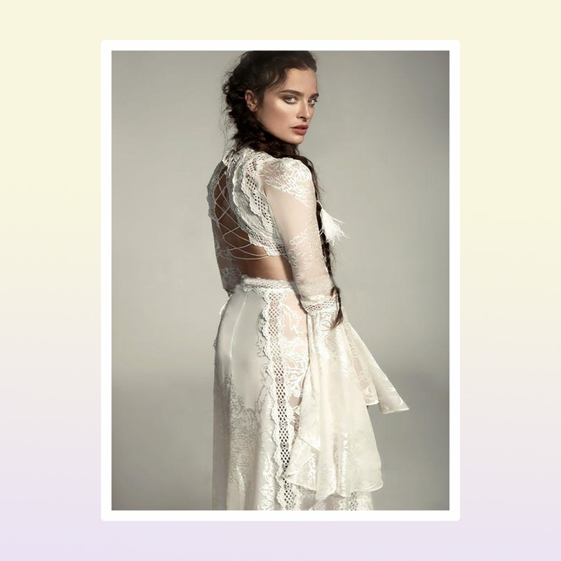 Meital Zano Great Victoria Medieval Wedding Gown with Bell Sleeves Vintage Crochet Lace High Neck Gothic Queen Wedding Dresses