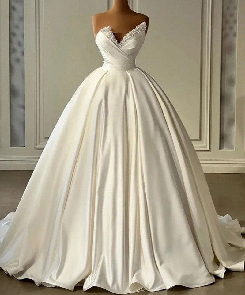 Elegant A-line Bride Wedding Dress 2024 V-Neck Sleeveless Pearls Satin Lace Up Bridal Gowns Vestidos Noiva Robe De Mariage