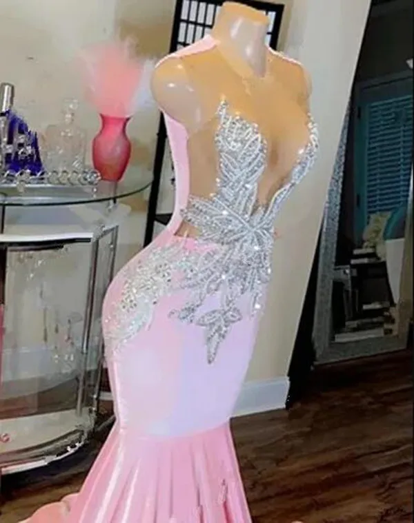 Pink Long Mermaid Dresses Sparkly Beaded Dia Rhies Evening Gown Black Girl Prom Gala Gowns Robes