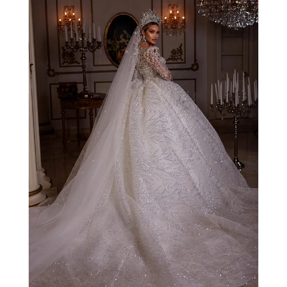 Princess Wedding Dress Dresses V-Neck Beading Illusion Ral Sleeve Sparkly Crystal Fluffy Skirt Bride Gowns Custom Made Es