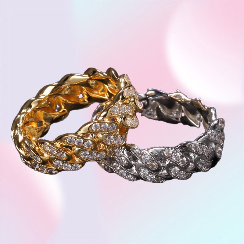 8MM Mens Cuban Link chain Rings Hip Hop Zircon Stone Gold Silver Iced out Ring For Women Hiphop Jewelry Gift