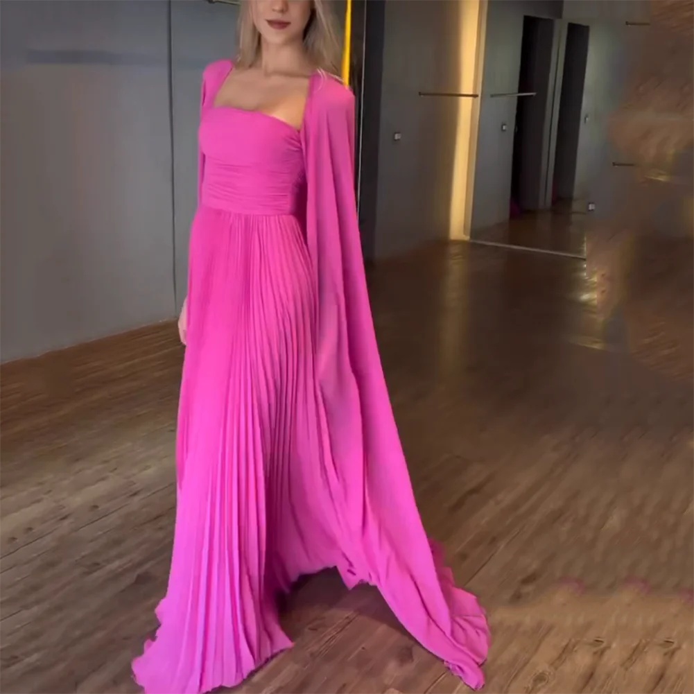 Elegant Long Hot Pink Chiffon Strapless Prom Dresses With Wrap A-Line Sleeveless Ruched Floor Length Party Dress Maxi Formal Evening Dresses for Women