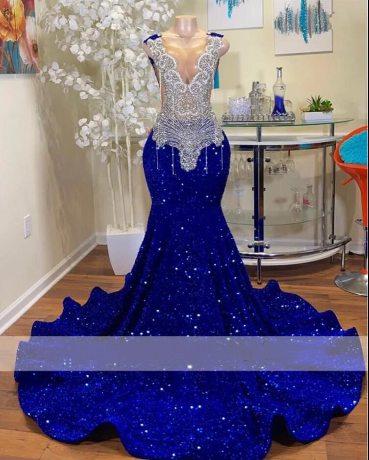 Sparkly Royal Blue Diamonds Mermaid Prom Dress 2024 Glitter Sequins Lace Sheer Tulle Bead Crystal Rhinestones Vestidos De Fiesta Formal Party Evening 