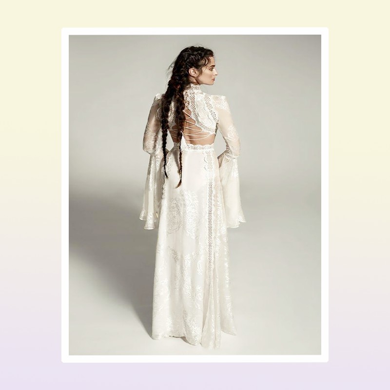 Meital Zano Great Victoria Medieval Wedding Gown with Bell Sleeves Vintage Crochet Lace High Neck Gothic Queen Wedding Dresses