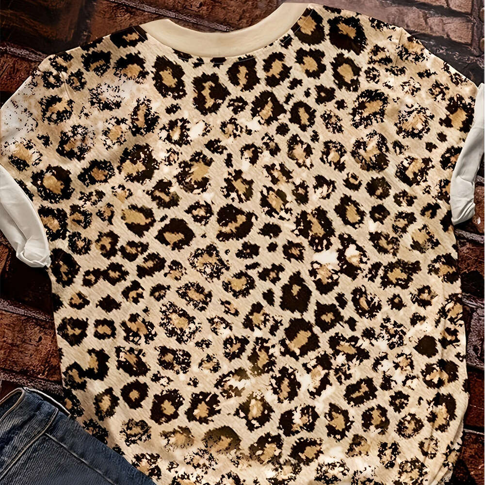 Love Tie Dyed Leopard Print Letter Printed Round Neck Short Sleeved T-shirt Women's Top