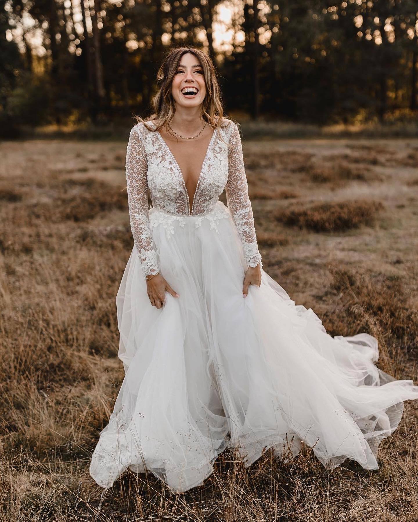 Wedding Modest Country Dress With Long Sleeves V Neck Chiffon Lace Bridal Gowns For Garden Vestido De Novia Estido
