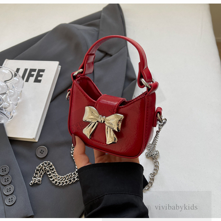 Fashion Girls shiny Bow handbags INS kids metal chain single shoulder bag lady style children crossbody mini bags S1085