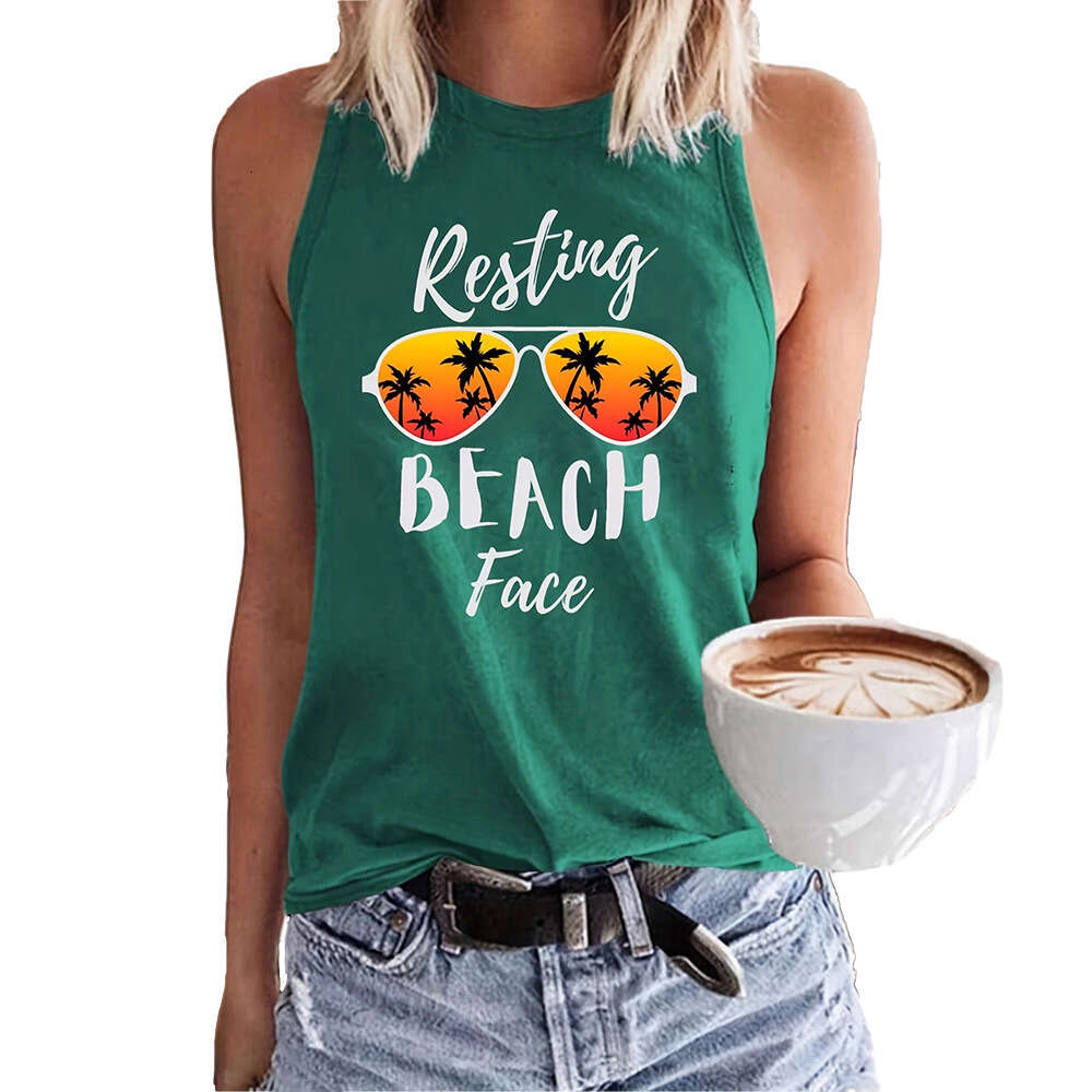 Women's Beach Vacation Sunglasses Letter Print Casual Loose Round Neck Tank Top for Women