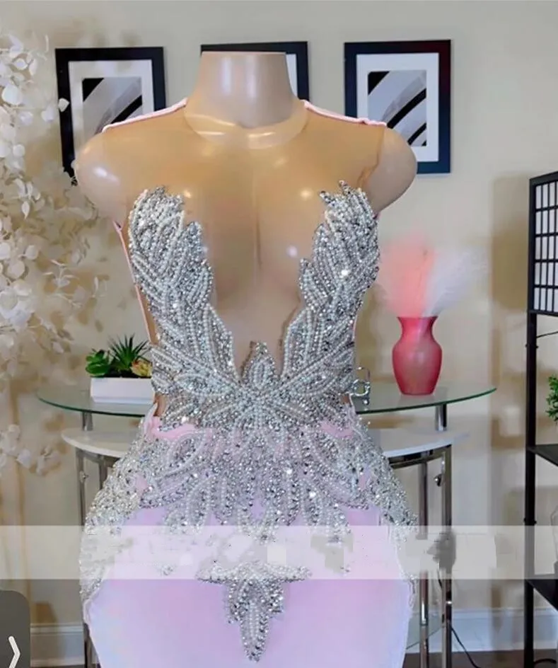 Pink Long Mermaid Dresses Sparkly Beaded Dia Rhies Evening Gown Black Girl Prom Gala Gowns Robes