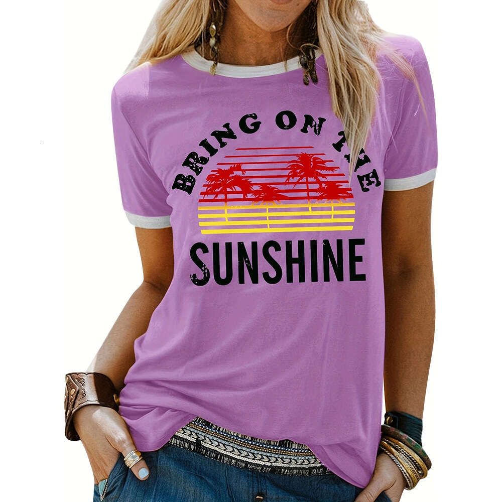 Women's Vacation Coconut Tree Letter Print Casual Loose Round Neck Short Sleeve T-shirt