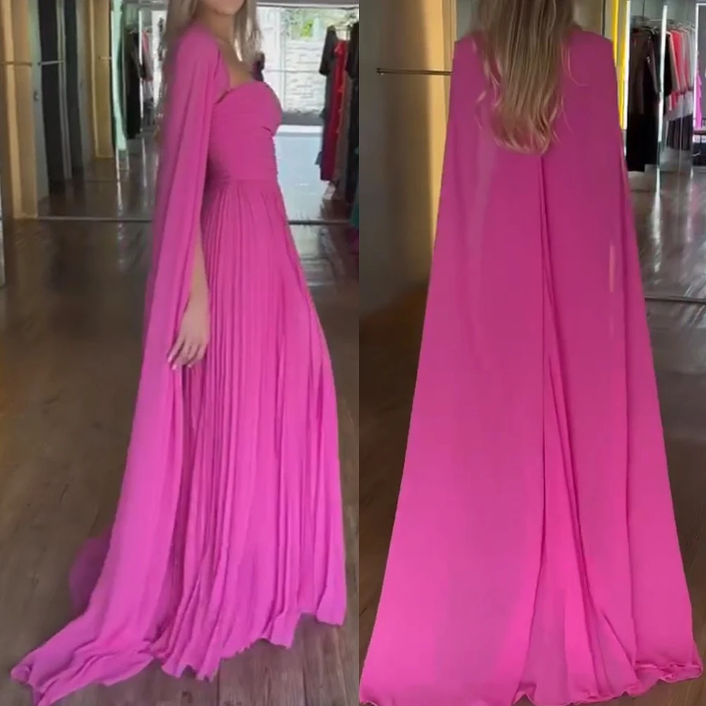Elegant Long Hot Pink Chiffon Strapless Prom Dresses With Wrap A-Line Sleeveless Ruched Floor Length Party Dress Maxi Formal Evening Dresses for Women