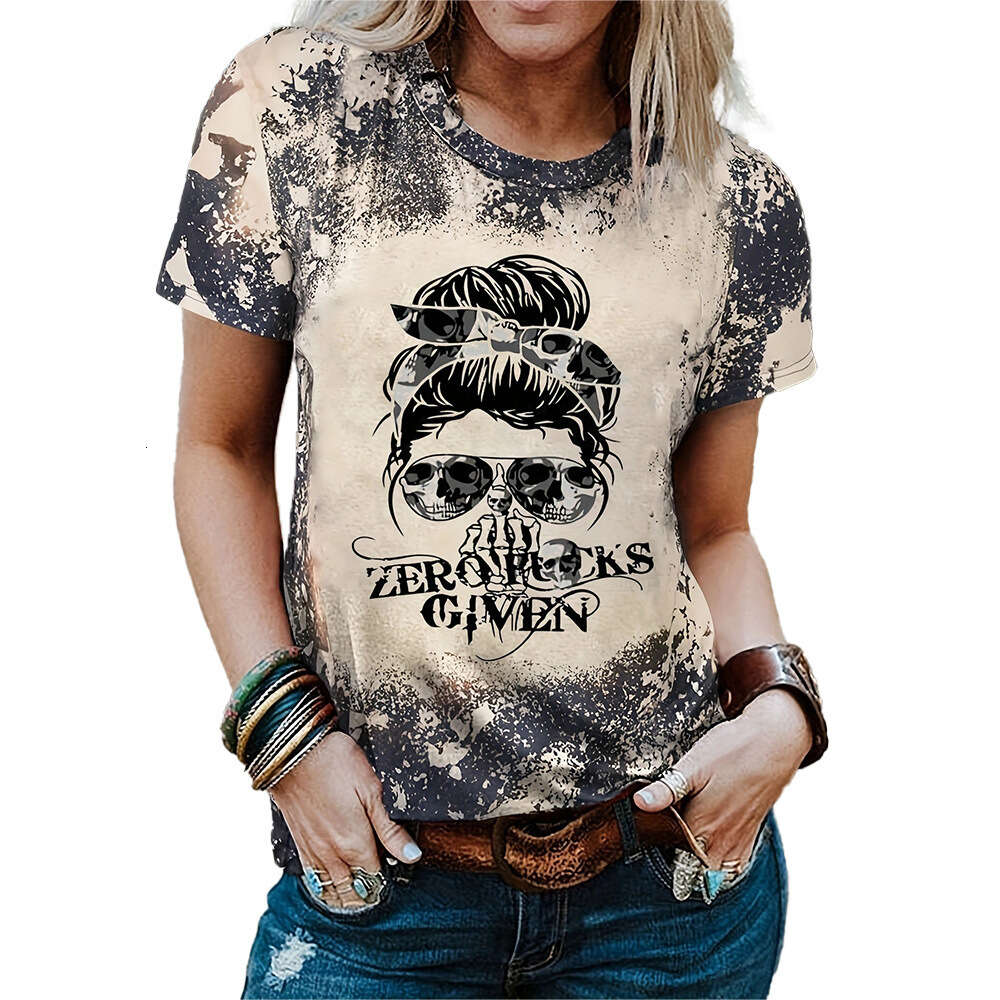 Women's Tie Dyed Letter Print Casual Loose Round Neck T-shirt Short Sleeved Top