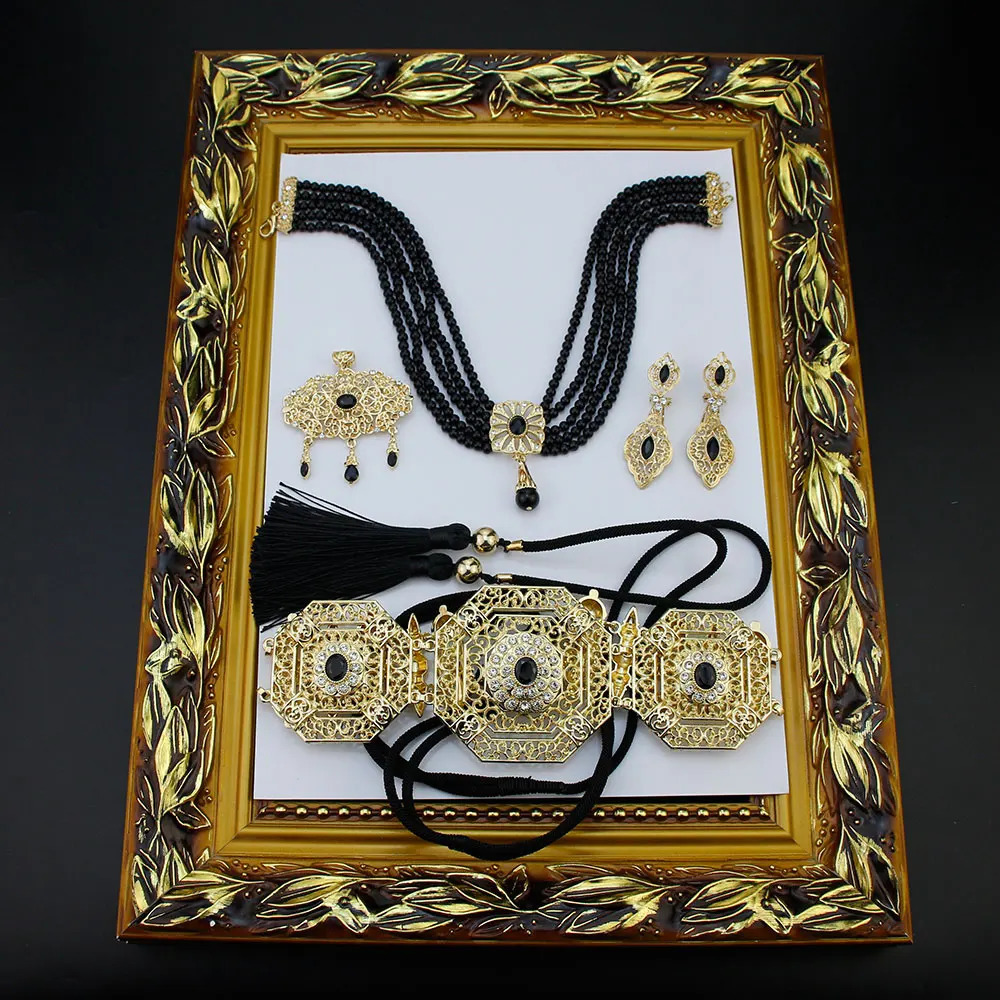 Sunspicems Exquisite Women Jewelry Sets Gold Color Morocco Bride Bead Chain Choker Necklace Flower Brooch Earring Hand Rope Belt 240221