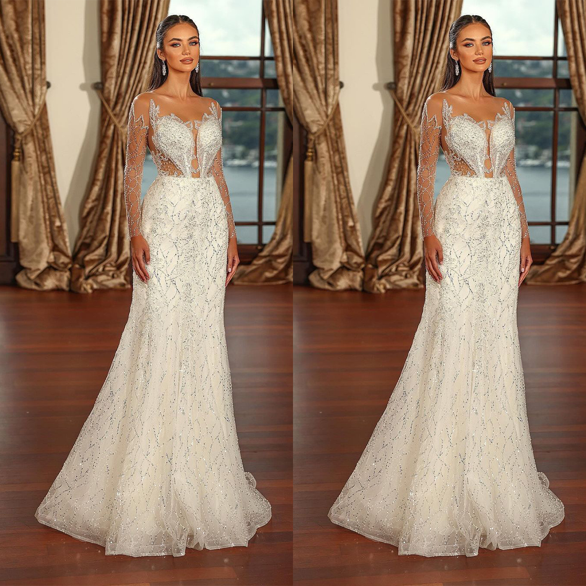 Mermaid Wedding Classic Dress Sequins Bridal Gowns Sheer Long Sleeve Rhie Custom Made Bride Dresses Sleeveless Vestido De Novia es less