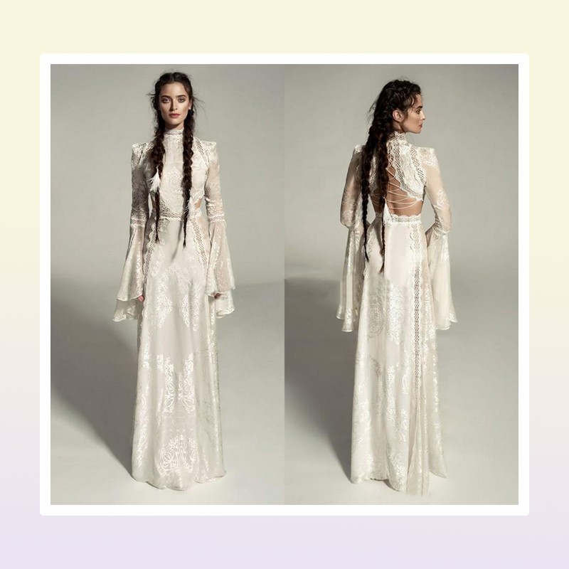 Meital Zano Great Victoria Medieval Wedding Gown with Bell Sleeves Vintage Crochet Lace High Neck Gothic Queen Wedding Dresses
