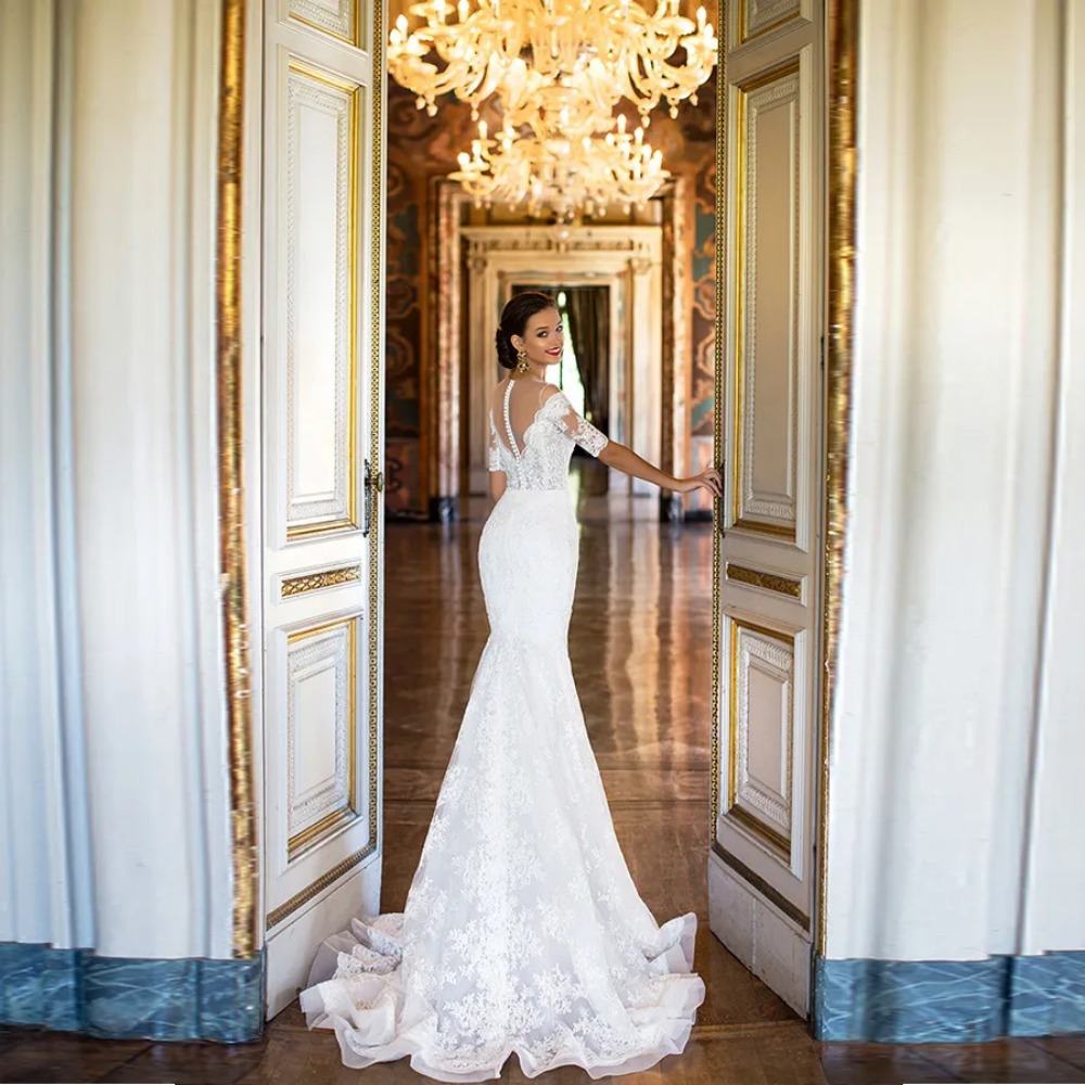 Stunningbride 2024 Mermaid Wedding Dresses Vintage Sheer Neck Illusion Back Plus Size Elegant Bridal Gown with Sleeve Lace Appliques