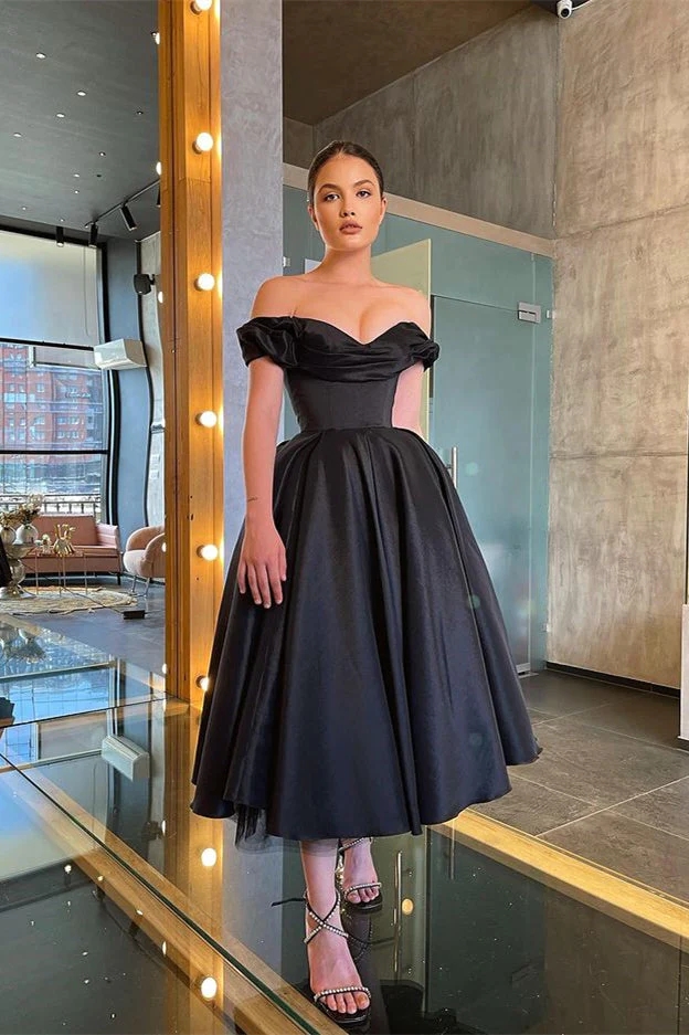 Retro Black Cocktail Dresses A Line Off Shoulder Pleats Ruffles Tea Length Prom Evening Gowns Junior Homecoming Birthday Party Vestidos B0312