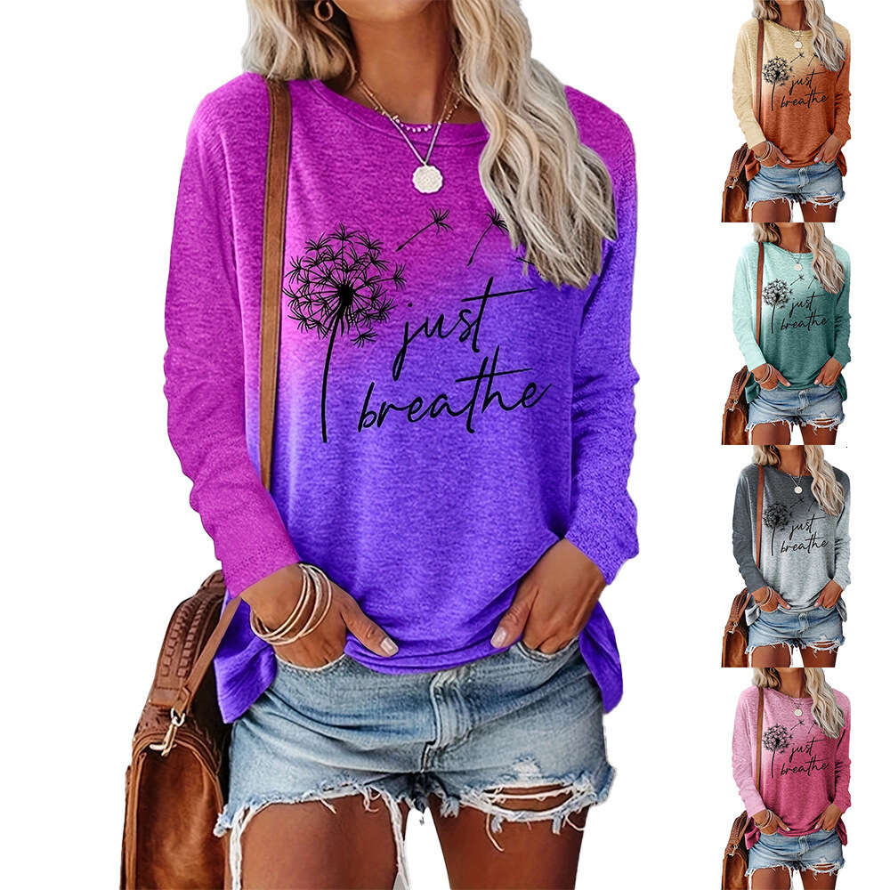 Women's Dandelion Letter Pattern Printed Casual Loose Round Neck Long Sleeved Top