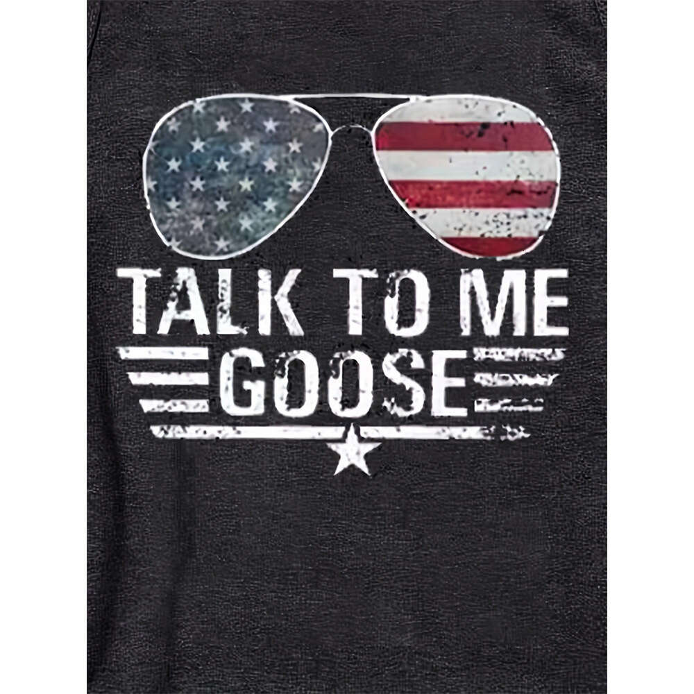 Women's Vacation Flag Sunglasses Letter Print Casual Loose Round Neck Tank Top