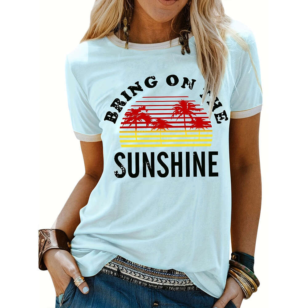 Women's Vacation Coconut Tree Letter Print Casual Loose Round Neck Short Sleeve T-shirt
