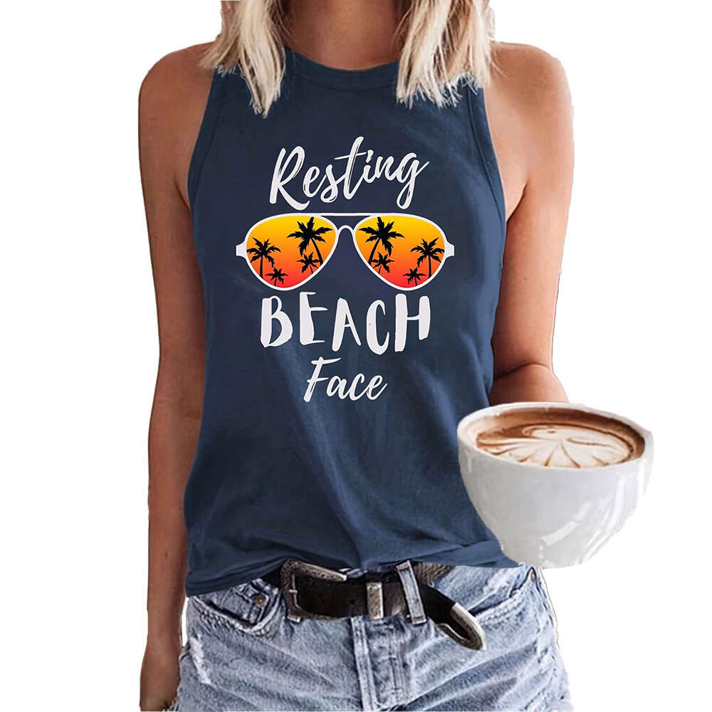 Women's Beach Vacation Sunglasses Letter Print Casual Loose Round Neck Tank Top for Women