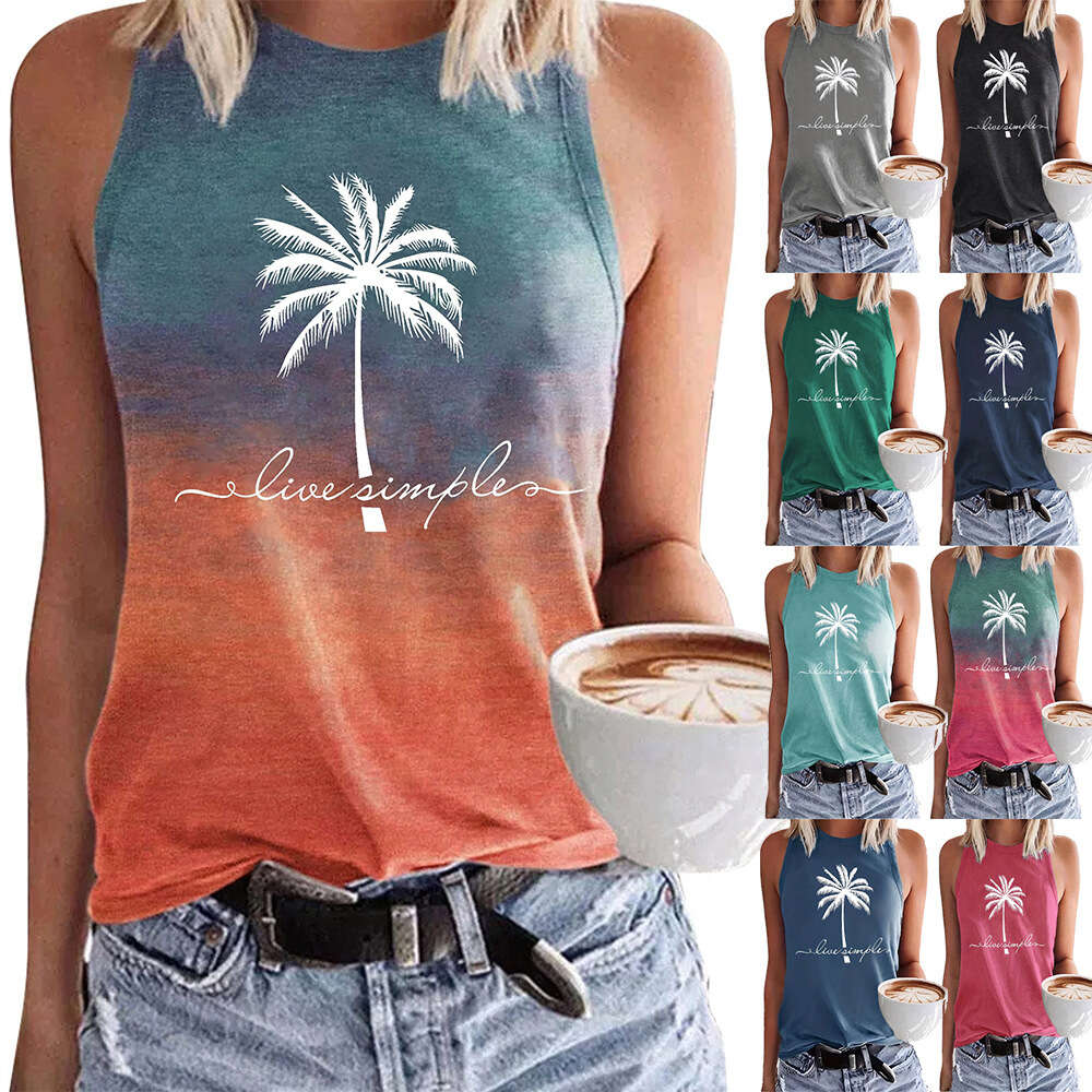 2024 Women's Vacation Coconut Tree Letter Print Casual Loose Round Neck Tank Top for Women