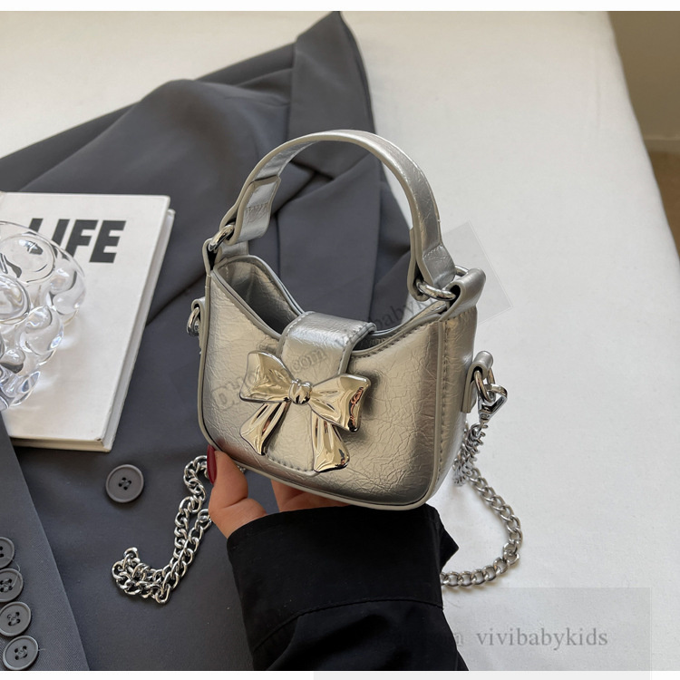 Fashion Girls shiny Bow handbags INS kids metal chain single shoulder bag lady style children crossbody mini bags S1085