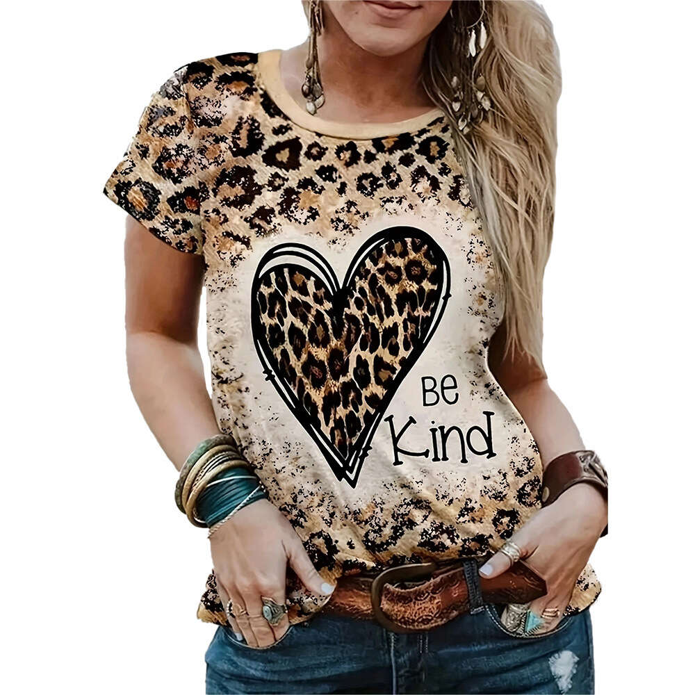 Love Tie Dyed Leopard Print Letter Printed Round Neck Short Sleeved T-shirt Women's Top