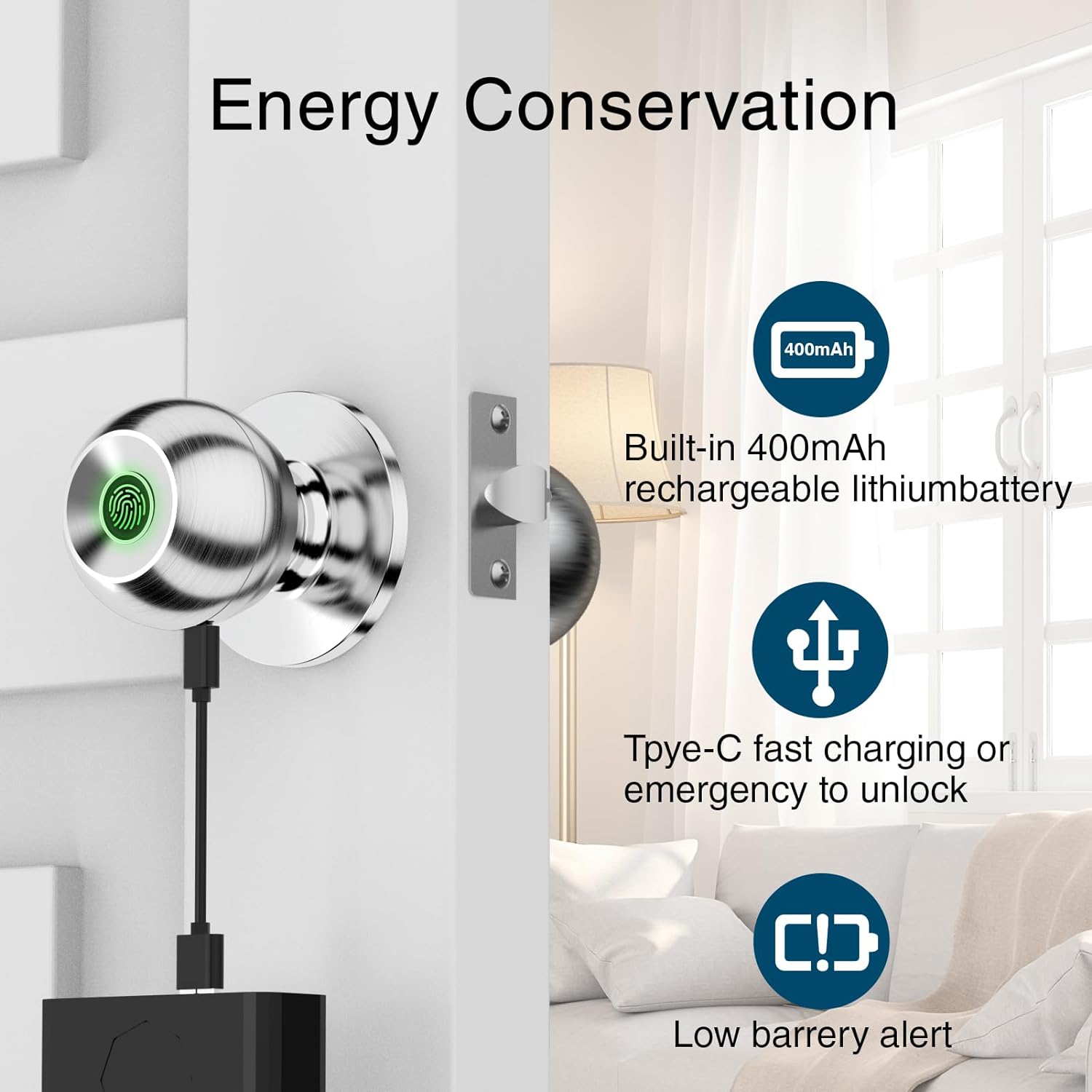 US stock Smart Door Knob Fingerprint Door Lock Rechargeable Smart Lock