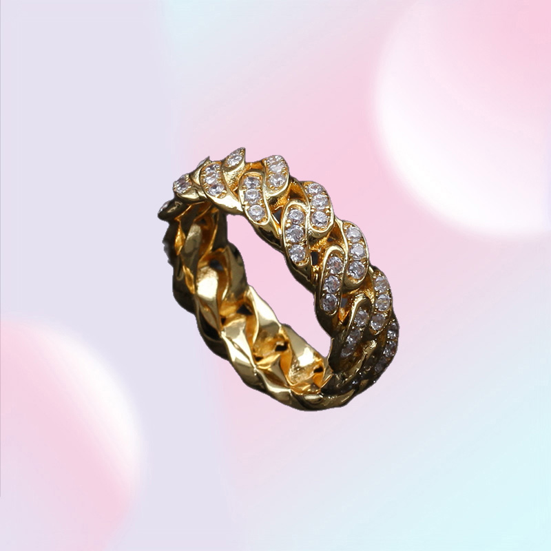 8MM Mens Cuban Link chain Rings Hip Hop Zircon Stone Gold Silver Iced out Ring For Women Hiphop Jewelry Gift