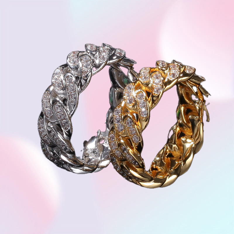 8MM Mens Cuban Link chain Rings Hip Hop Zircon Stone Gold Silver Iced out Ring For Women Hiphop Jewelry Gift