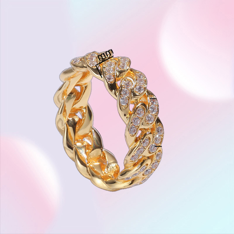 8MM Mens Cuban Link chain Rings Hip Hop Zircon Stone Gold Silver Iced out Ring For Women Hiphop Jewelry Gift