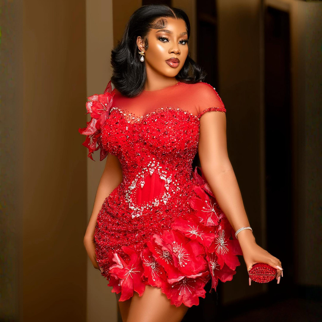 2024 Aso Ebi Cocktail Dresses Sheer Neck Illusion Short Mini Prom Dress Sequined Lace 3D Flowers Beaded Pearls Pleated Evening Formal Gowns Birthday P