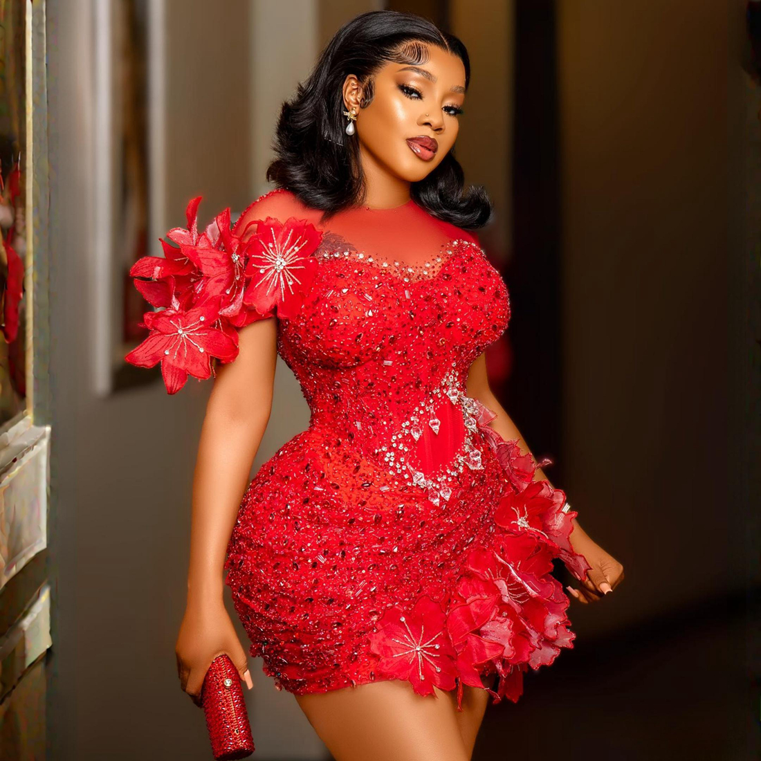 2024 Aso Ebi Cocktail Dresses Sheer Neck Illusion Short Mini Prom Dress Sequined Lace 3D Flowers Beaded Pearls Pleated Evening Formal Gowns Birthday P