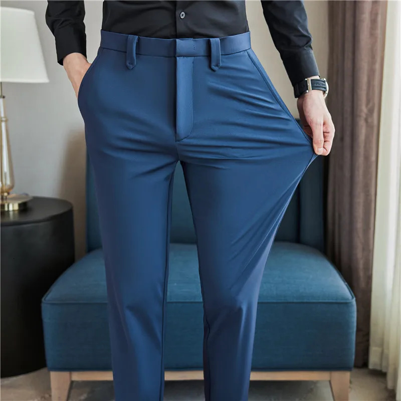 Mens Dress Pants Trousers Summer Thin Breathable Solid Casual High Elastic Slim Fit Suit Pants Streetwear Men Clothing 240220