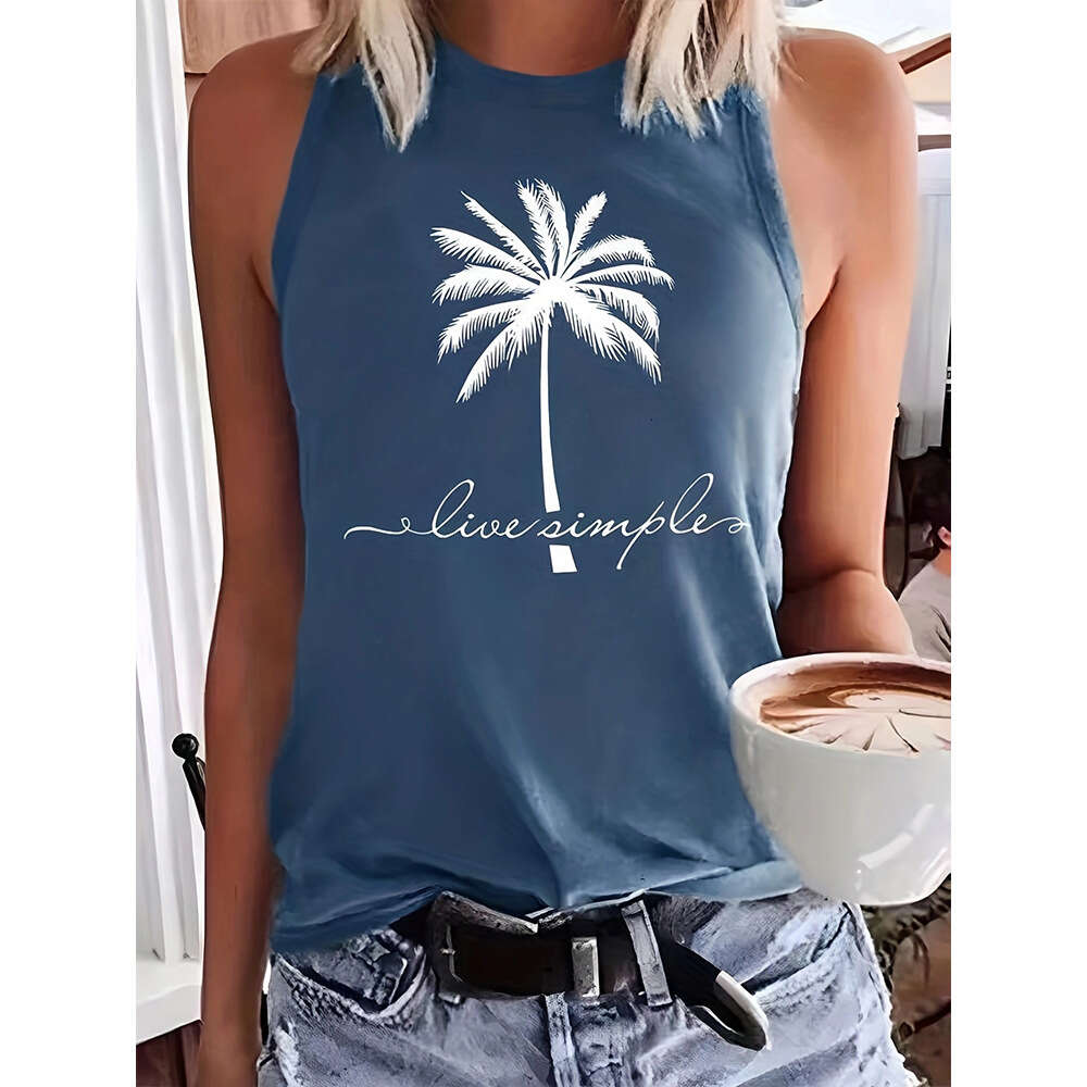 2024 Women's Vacation Coconut Tree Letter Print Casual Loose Round Neck Tank Top for Women